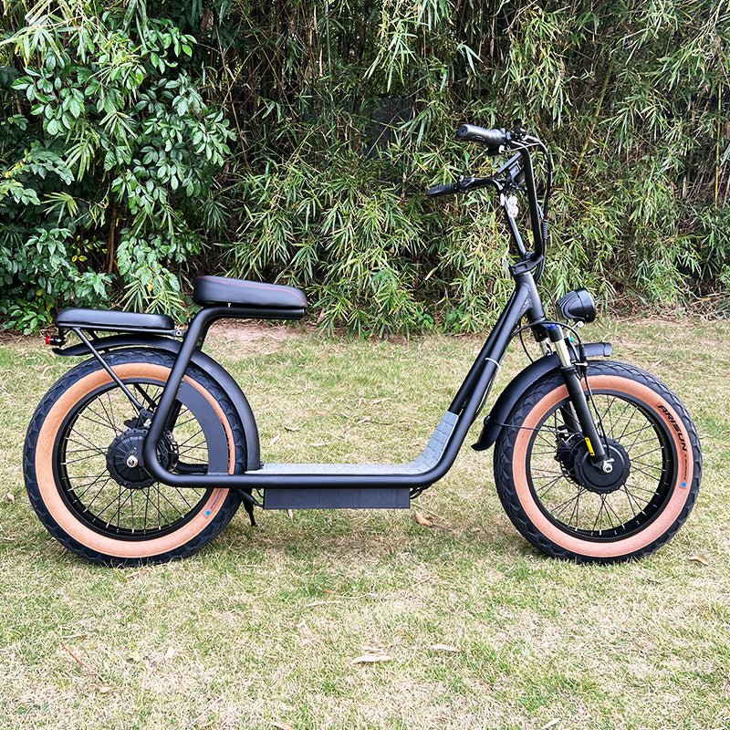 AS201 & AS202 Dual Motor Electric Scooter in outdoor setting, featuring 1000W front and rear motors and a long seat for comfortable rides.