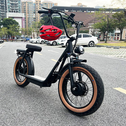 AS201 & AS202 Dual Motor Electric Scooter parked on city street, showcasing 1000W dual motors and rugged 20-inch tires for long-distance rides.