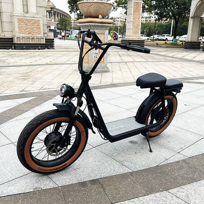Front angle of AS201 & AS202 Dual Motor Electric Scooter, highlighting its off-road tires and dual motor power for steep terrain.
