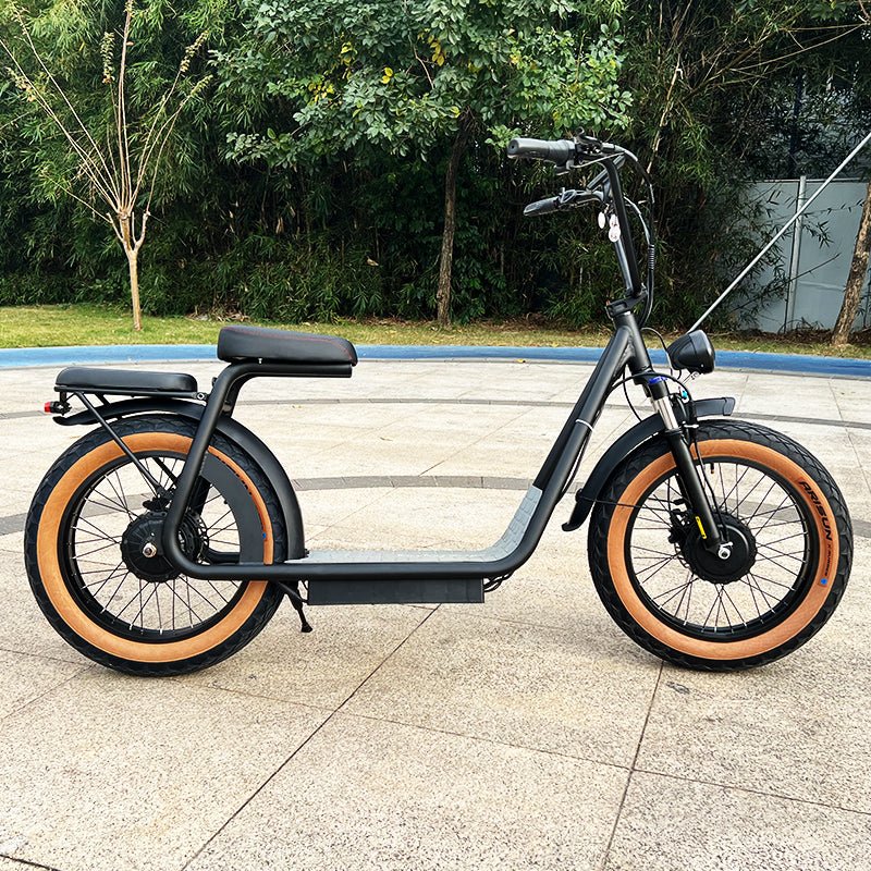 AS201 & AS202 Dual Motor Electric Scooter with 1000W motors, designed for outdoor recreation and urban adventure, parked on concrete.