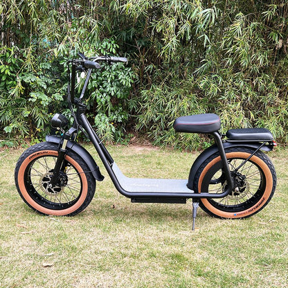 Side view of AS201 & AS202 Dual Motor Electric Scooter on grass, built for steep hills with powerful dual 1000W motors and wide tires.