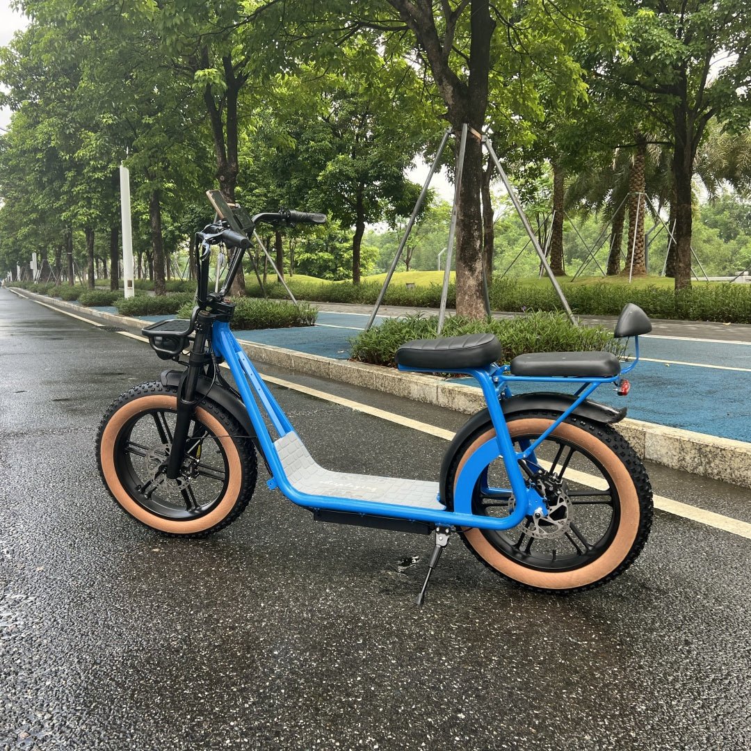 Side profile of blue AS202 Electric Scooter with full-color display and dual seat, ideal for city commuting.