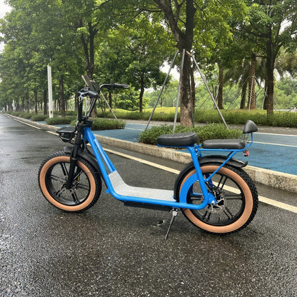 Side profile of blue AS202 Electric Scooter with full-color display and dual seat, ideal for city commuting.