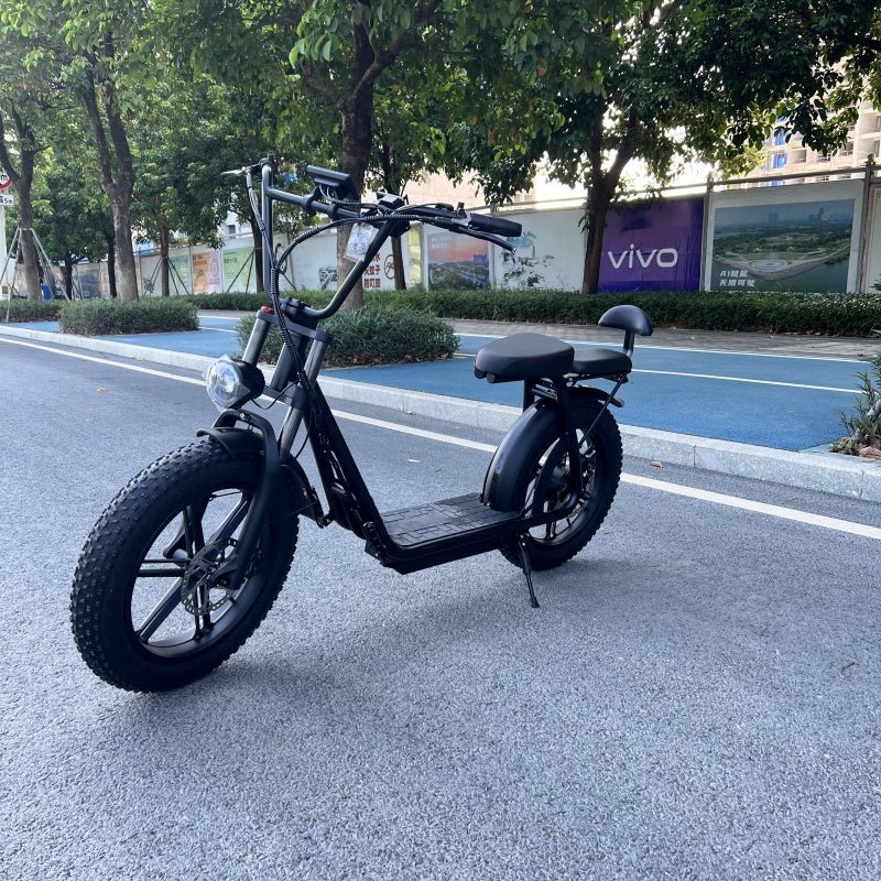 Black AS202 Electric Scooter with full-color display and dual seat, designed for smooth urban and off-road rides.