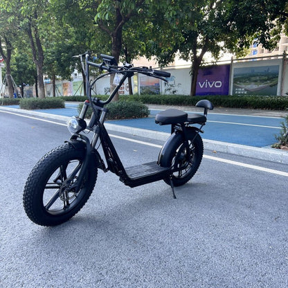 Black AS202 Electric Scooter with full-color display and dual seat, designed for smooth urban and off-road rides.