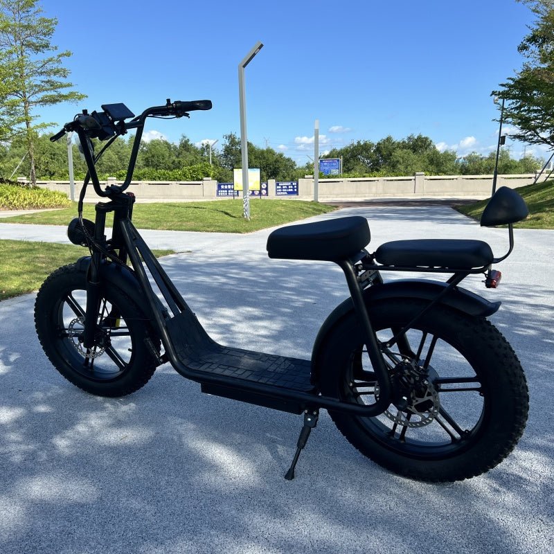 Rear-side view of black AS202 Electric Scooter with dual seat and kickstand, built for long-distance commuting.