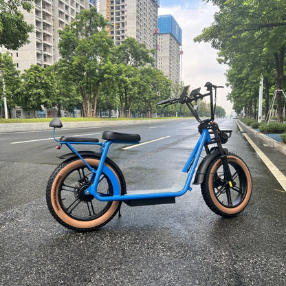 Blue AS202 Electric Scooter with tan tires and upgraded suspension, shown on a wet city road for all-weather riding.