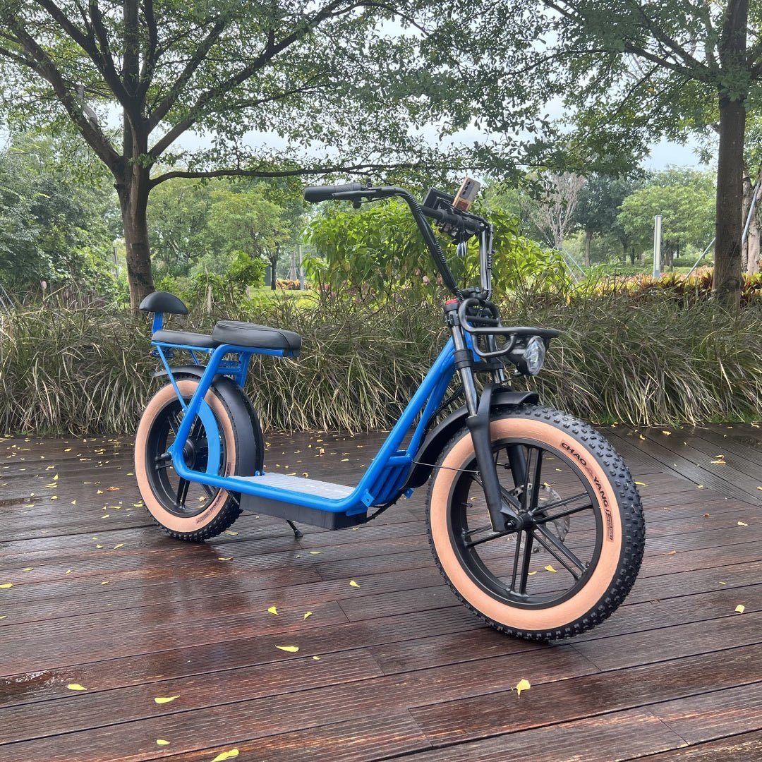 Blue AS202 Electric Scooter with wide tires and full-color display, parked on a wooden path surrounded by greenery.